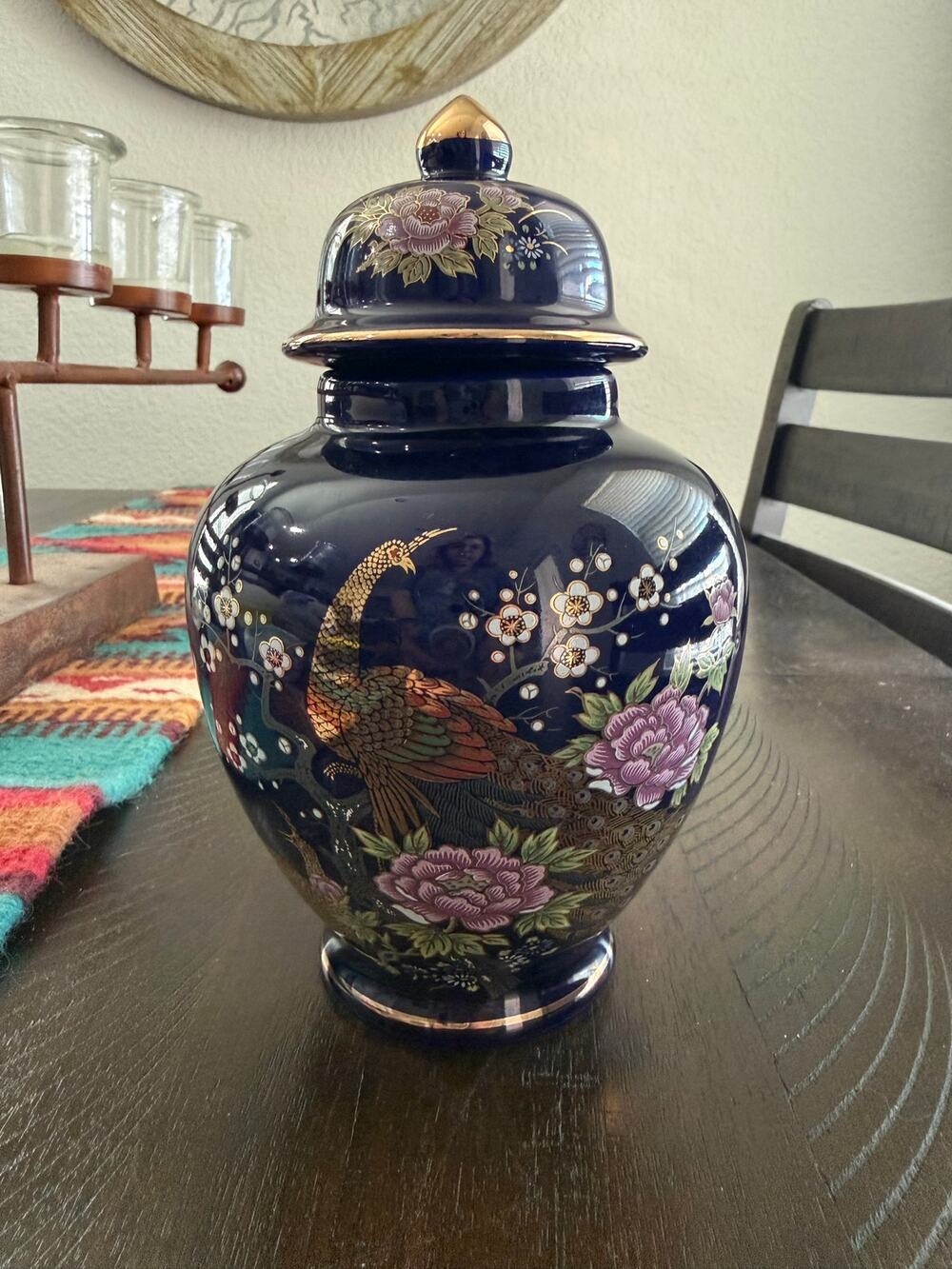 Vintage Japan Cobalt Blue Peacock Peony Ginger Jar Gold Trim 8.5” 1970s/80s